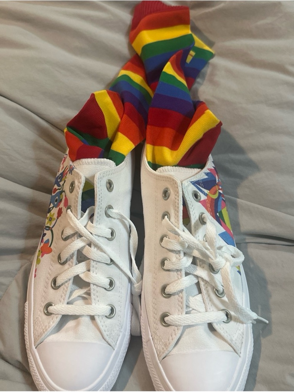 Converse White Canvas Sneakers with Rainbow Stripe Socks